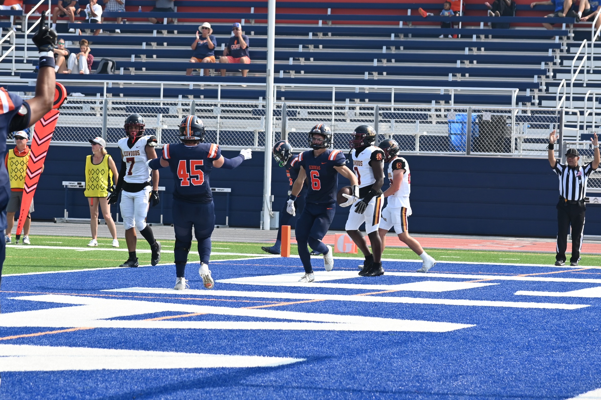 College of the Sequoias' Gage Armbruster (6) and Alec Haun (45) celebrating after Armbruster's TD catch in the game versus College of the Redwoods on September 20, 2025. (Norma Foster / COS Athletics)