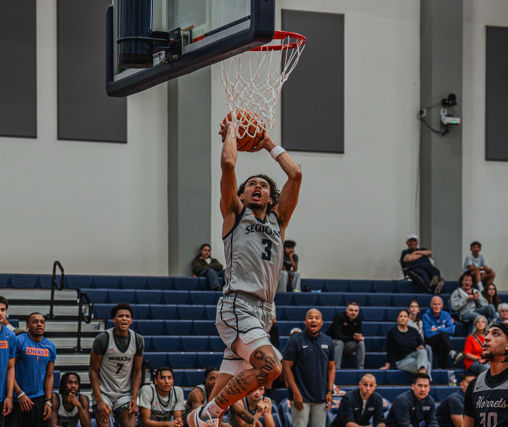 College of the Sequoias' Jayden Abuyen (3) goes up for a dunk in the game versus Fullerton College on Novemeber 1, 2025.
