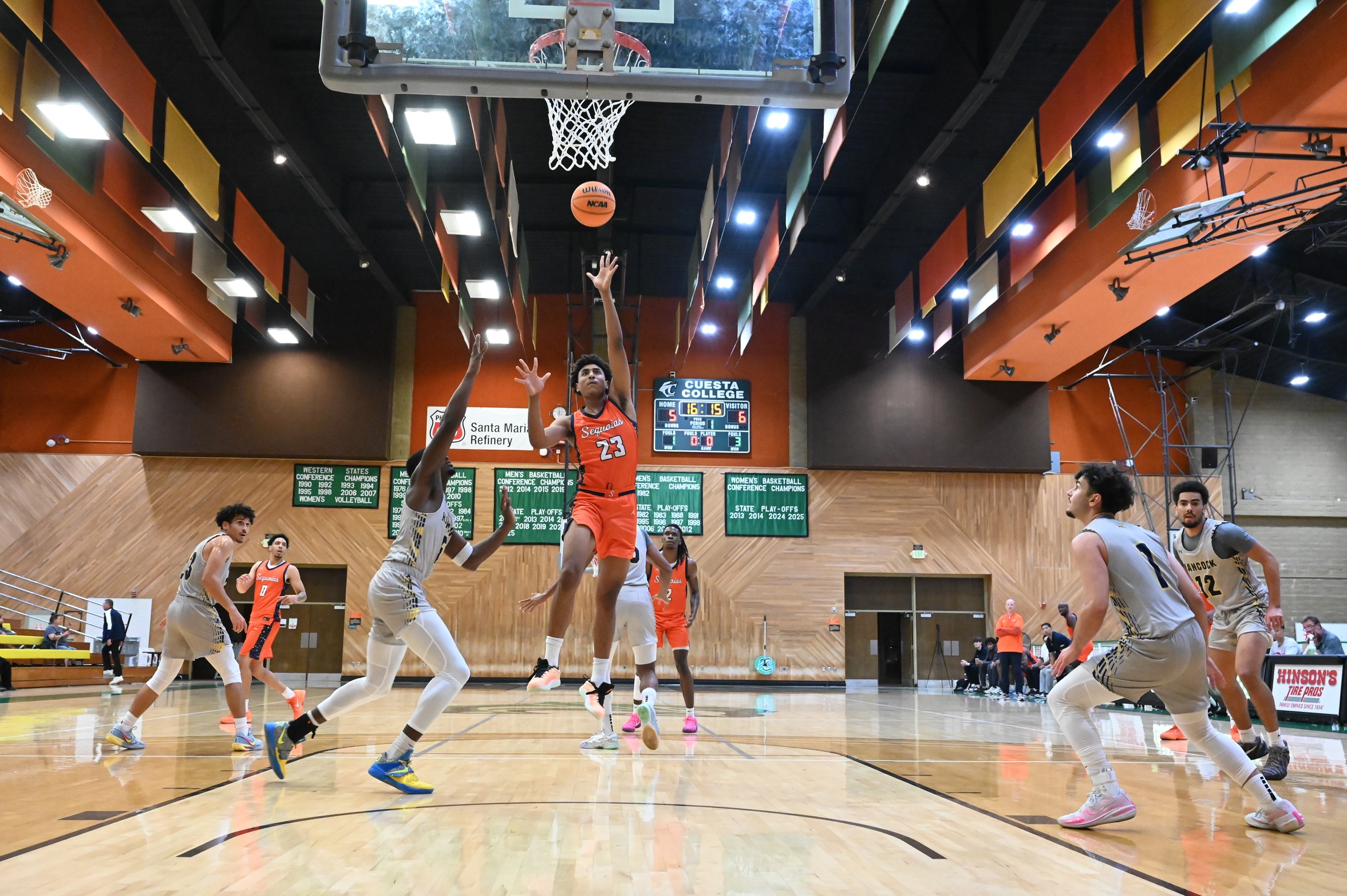 College of the Sequoias' Javon Bragg (23) scoring in a game earlier in the season versus Allan Hancock College on November 7, 2025. (Norma Foster / COS Athletics)