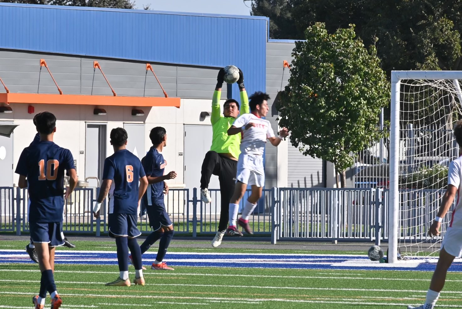 College of the Sequoias' Zachary Ramirez (1) making a save in a game versus Fresno City College on October 11, 2024. (Photo Credit: Norma Foster / COS Athletics)