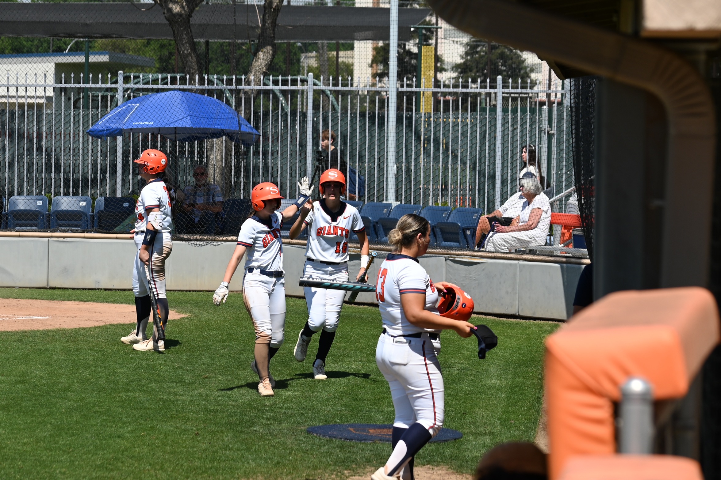 College of the Sequoias' Madisyn Benedict (1) and Skye Gomez (16) celebrating as they score in the game versus Coalinga College on April 10, 2025. (Photo Credit: Norma Foster / COS Athletics)