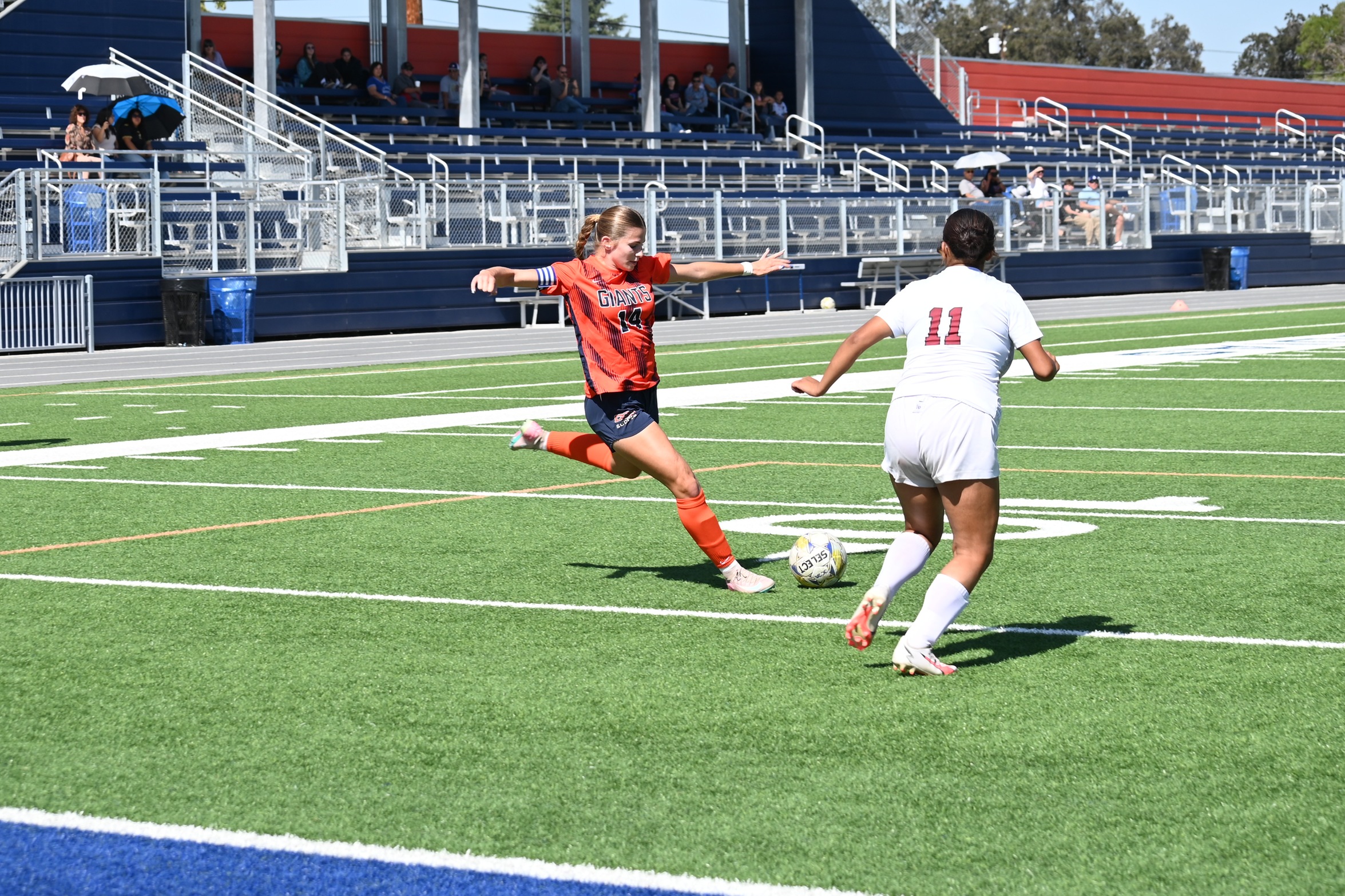 College of the Sequoias' Jaya Laird (14) taking a shot on goal in a win earlier this season versus Porterville College on October 10, 2025. (Norma Foster / COS Athletics)